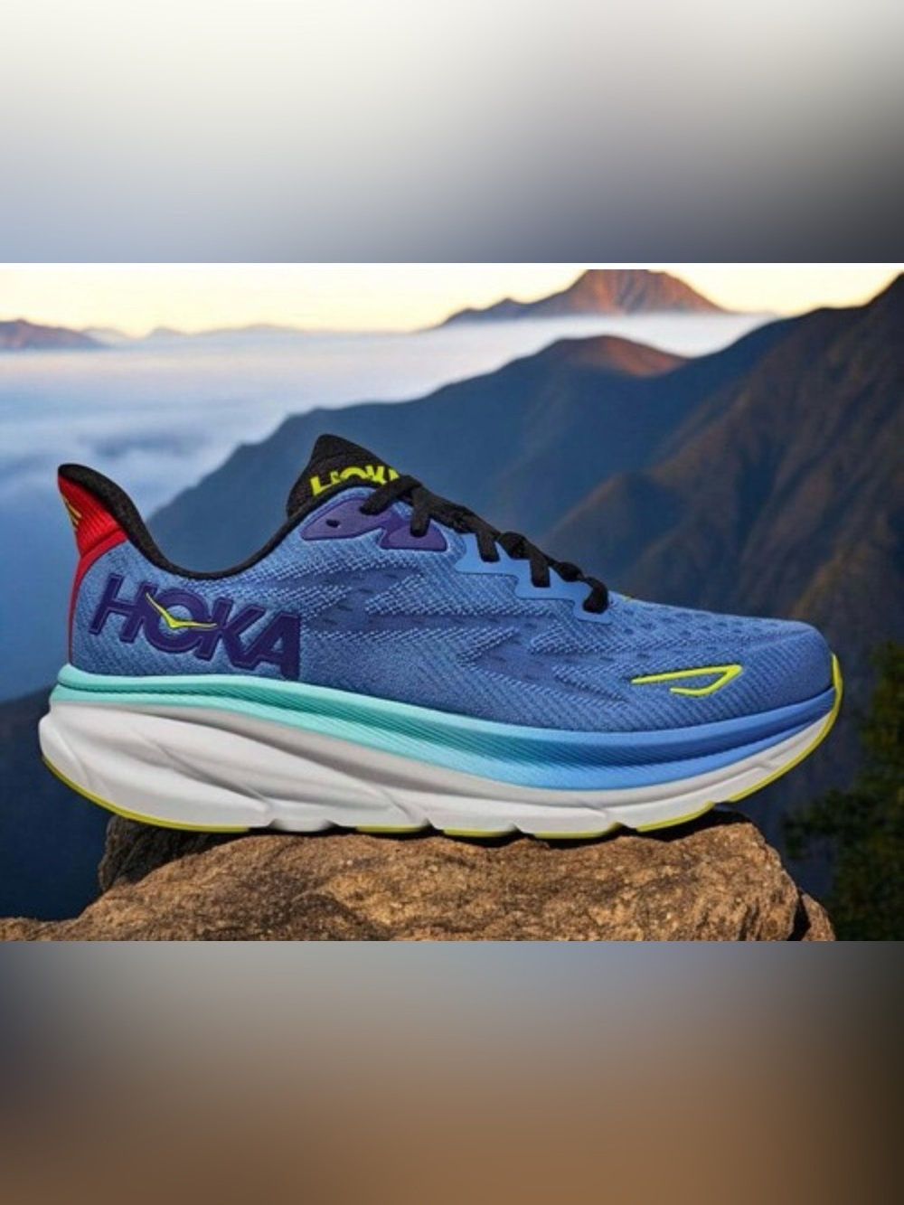 Hoka Clifton 9  men size 10 blue  Athletic Running Shoe with Teal & Yellow